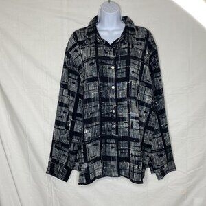 Notations Long Sleeve 3X Black & White Print Career Blouse Button Up